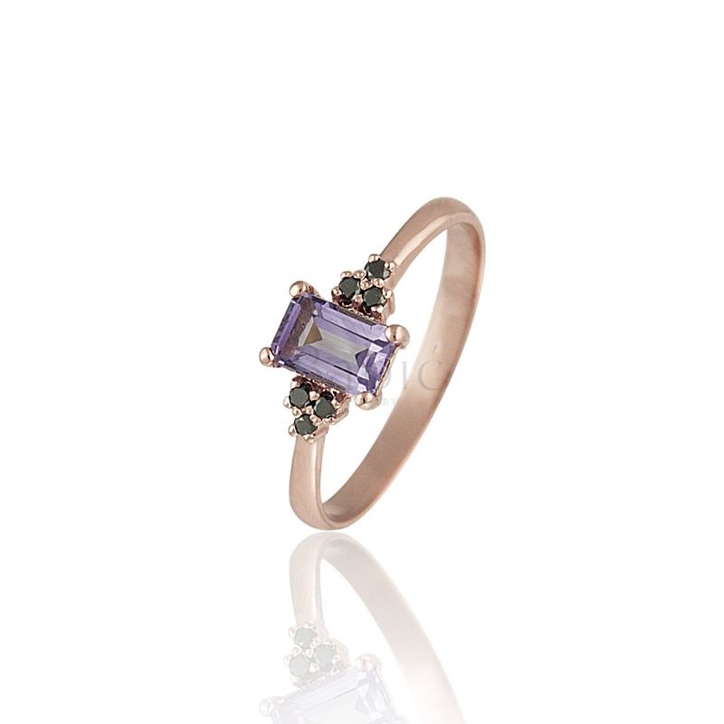 zlatara babic verencki prsten od roze zlata sa ametistom i crnim dijamantima vpk90